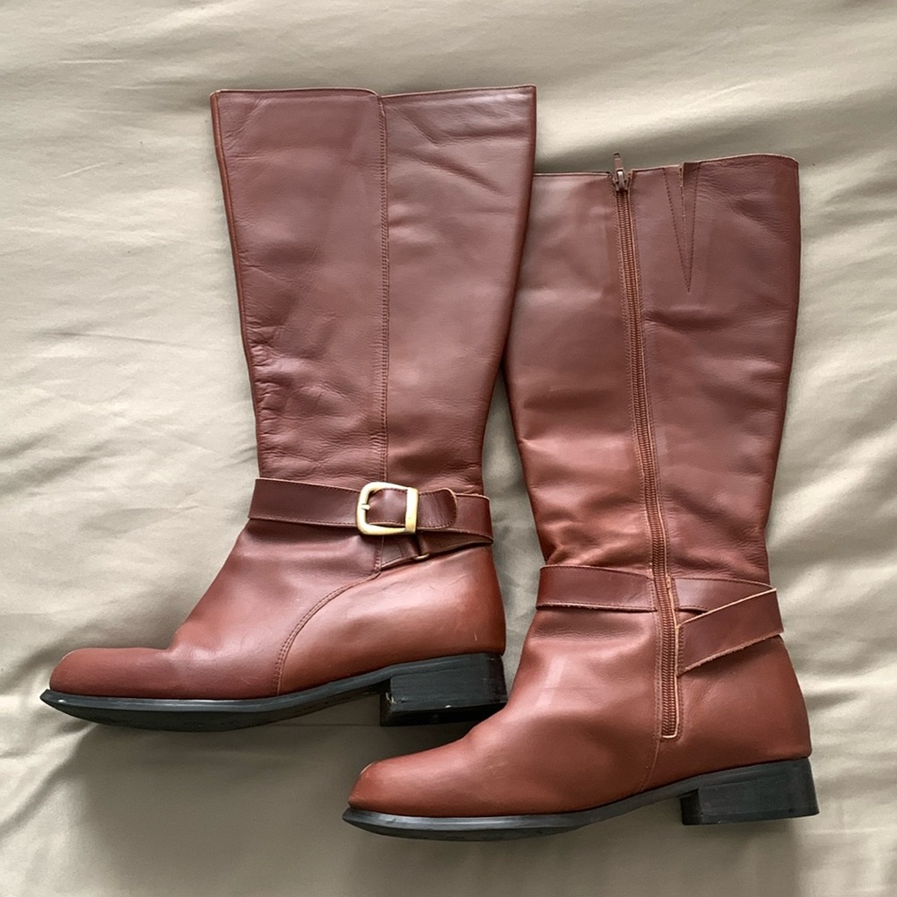David Tate Brown Calf High Riding Boots with Gold Hardware